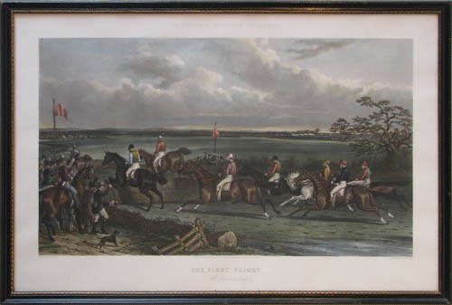 McQueens Steeple Chasings The First Flight print: Artist: Neville, After A. W. (active 1871) Title: McQueens Steeple Chasings "The First Flight" Medium: lithograph printed in colors Dimensions: 17 x 30 inches Frame Type: black and gold wood Fram