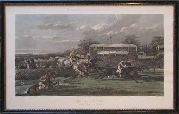 McQueens Steeple Chasings The Last Ditch print: Artist: Neville, After A. W. (active 1871) Title: McQueens Steeple Chasings "The Last Ditch" Medium: lithograph printed in colors Dimensions: 17 x 30 inches Frame Type: black and gold wood Frame Si
