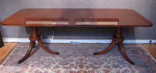 Federal Style Double Pedestal Mahogany Dining Tabl: Federal Style Double Pedestal Mahogany Dining Table with 2 leaves and table pads Medium: mahogany Dimensions: 30 x 44 x 66 inches (without leaves, which measure 11 inches)