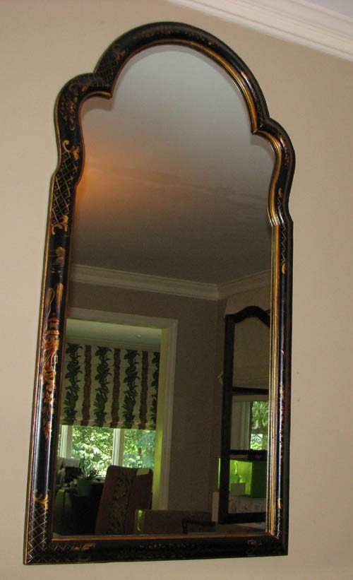 Chinese Chippendale Style Painted Mirror: Chinese Chippendale Style Painted Mirror with scalloped top Medium: mirror Dimensions: 25 x 50 x 1.5 inches Provenance: Decorative Crafts Inc. hand crafted #448 Frame Type: gilded wood and polychrome