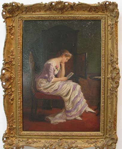 19th Century Victorian ptg. Woman Thinking of Her : Artist: 19th Century Victorian School Title: Pining for Her Lover Date: late 19th or Early 20th Century European School Medium: oil on canvas relined Dimensions: 17.75 x 12 inches Signature: si