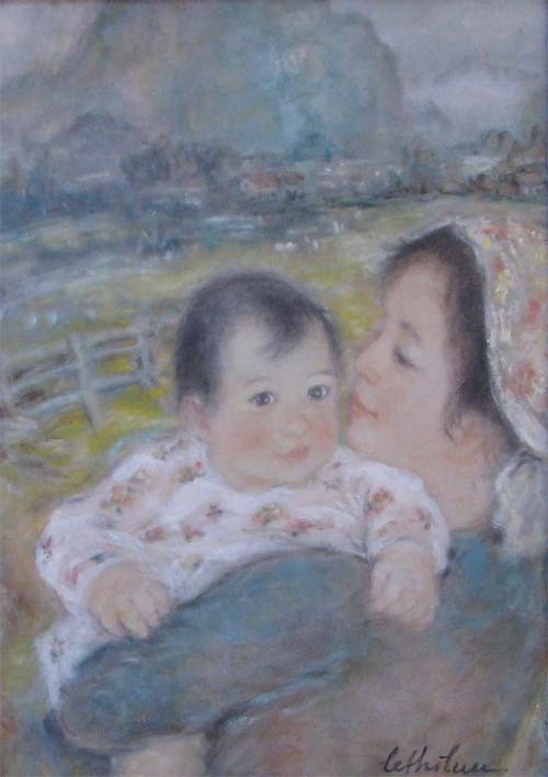 Le Thi Luu - Mere et Enfant painting on silk: Artist: Luu, Le Thi (Vietnamese, 1911-1988) Title: Mere et Enfant Medium: ink and gouache on Silk Dimensions: 13.5 x 9 inches Description: A Vietnamese Mother holding her bright eyed newborn outside o