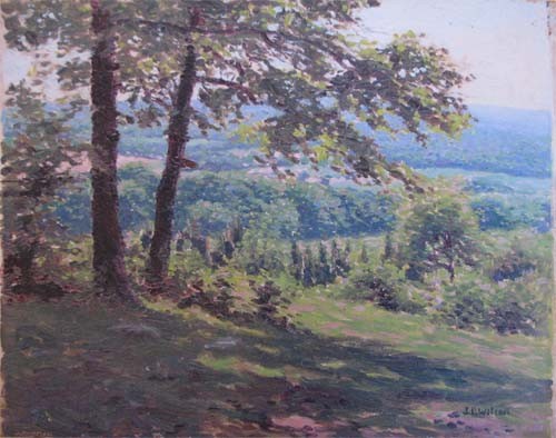 James Perry Wilson Summer Landscape Painting: Artist: Wilson, James Perry (American 1889-1976) Title: Towaco Valley 6 May 1919 Date: 1919 Medium: oil on wood panel Dimensions: 7.75 x 10 inches Description: a lovely summer landscape in Cone