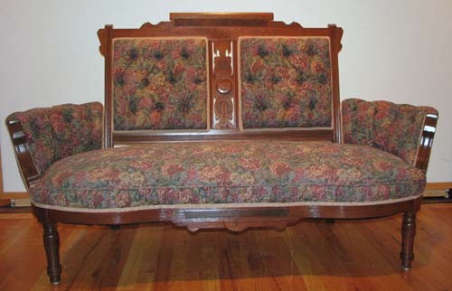 4 pc Victorian Parlor Set: 4 pc Victorian Parlor Set including Settee, 2 arms chairs, side chair, with extensively carved backs and legs, professionally restored Medium: walnut wood, upholstery Dimensions: settee: 37.5 x 64 x 2