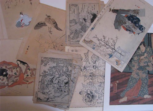 Assorted Japanese woodcuts: Artist: Edo Meisho, Toyokuni, Utamaro and others Title: Assorted Japanese woodcuts including Edo Meisho, Toyokuni, Utamaro and others. Medium: wood cut prints on paper Dimensions: 13 x 8 inches Descri