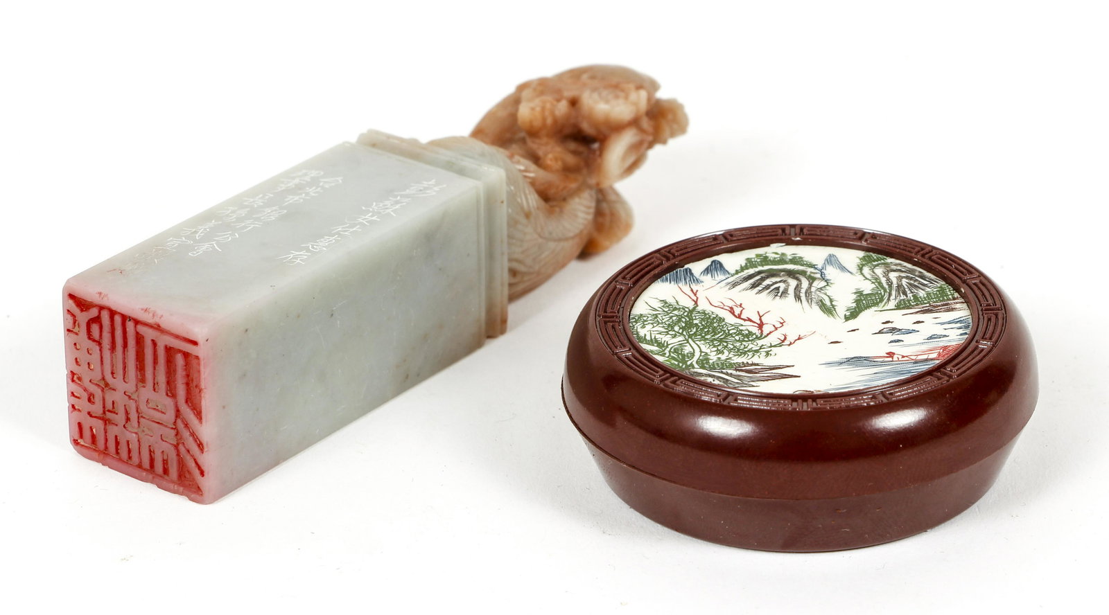 Chinese Carved Hardstone Signature Seal: Carved Hardstone Signature seal measuring 3.75 inches tall, in fitted case with inkpad . Provenance: from the Estate of J. David Barnes, Fox Chapel, Pa.