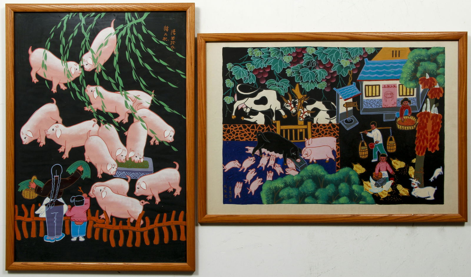 2 Chinese Peasant paintings Chinese Farmyards (1 of 5)