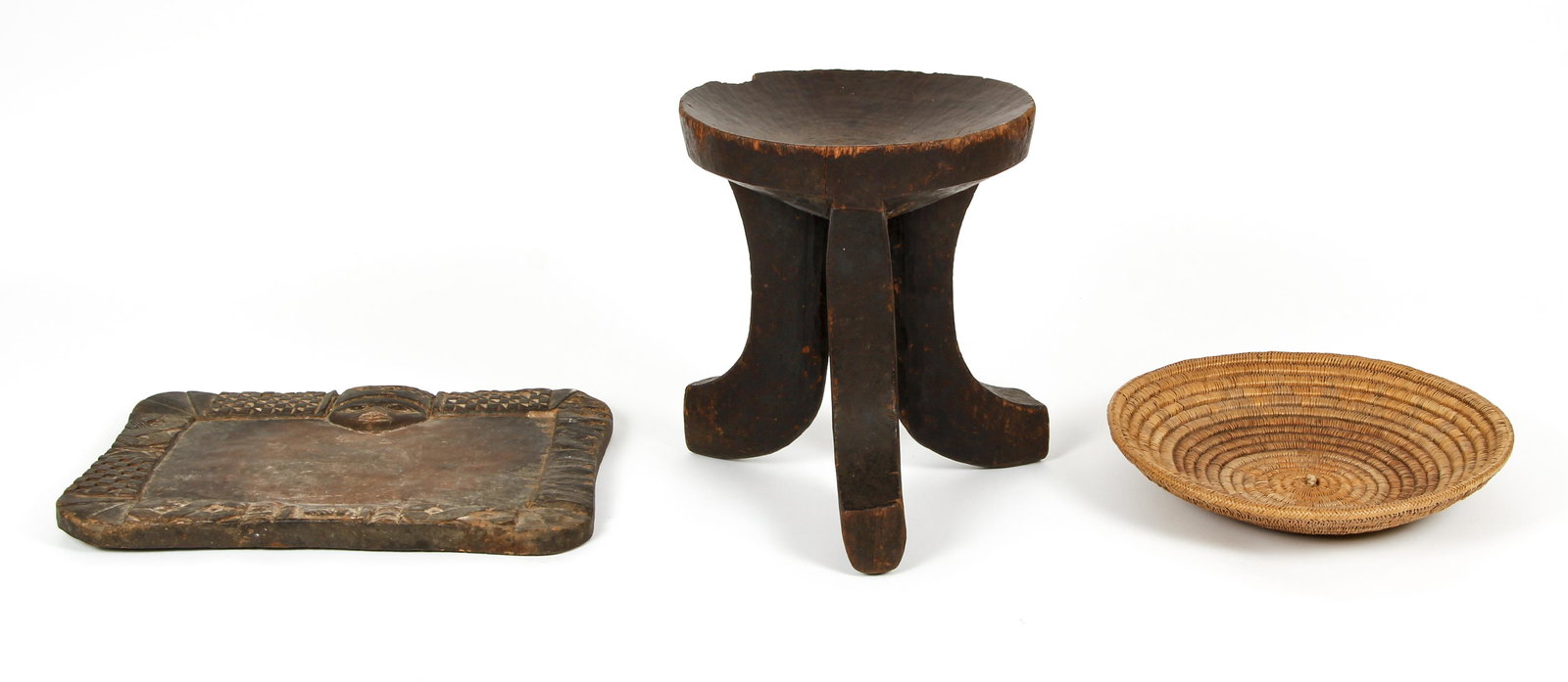 3 African Tribal artifacts,  Stool, Woven Plate, and (1 of 7)