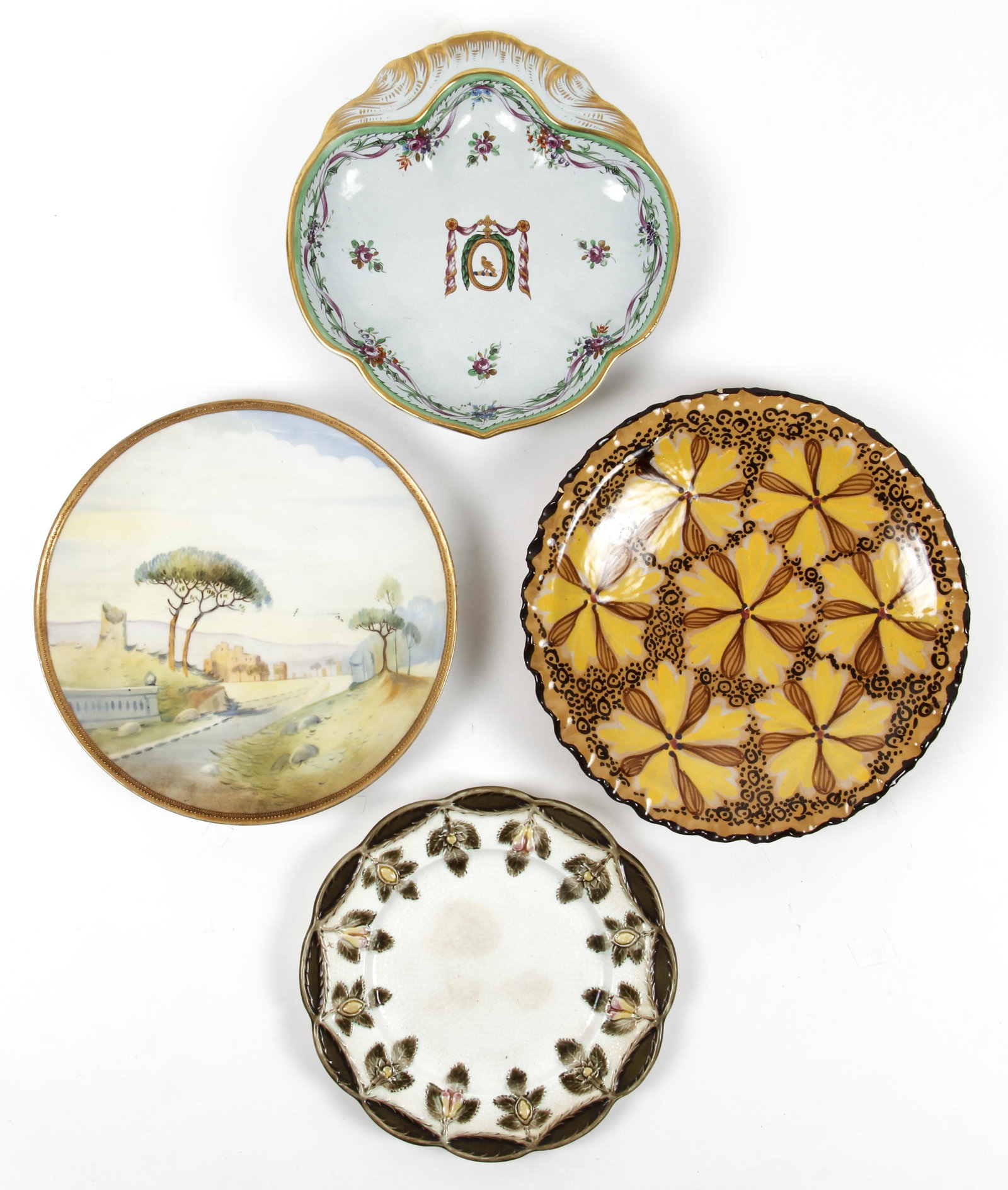Lot of 4 20th century Ceramic Plates: Lot of 4 20th century Ceramic Plates, includes Lowestoft Reproduction created by Mottahedeh, Nippon Ware, one marked Italy and one unmarked, the largest 10.5 inch diameter.