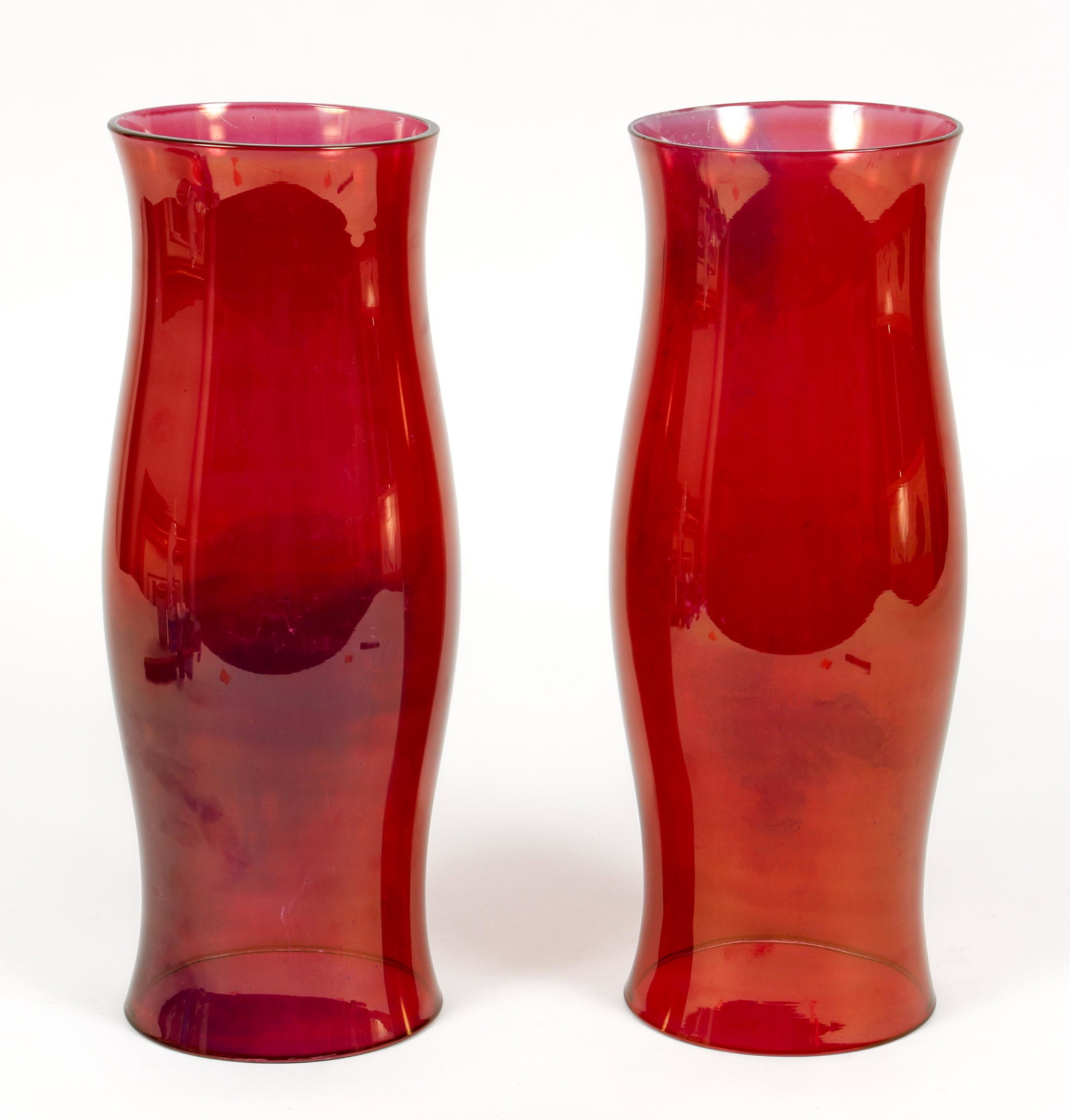 Pair of Tall Ruby Glass Hurricane Shades: Pair of Tall Ruby Glass Hurricane Shades, unmarked, 15 inches tall, c. mid 20th century.
