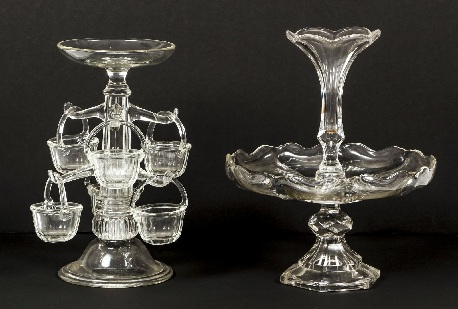 Pair of Glass Centerpieces Epergne and Stand: Pair of Glass Centerpieces, including an Epergne with 6 hanging baskets and top tray (13.5 inches tall) and Stand with Fluted top (14 inches tall).