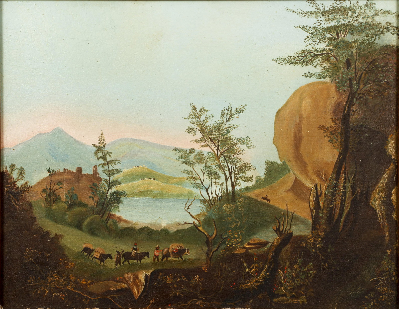 Naive school Caravan in The Mountains: 20th Century Naive or Self Taught School, Caravan in The Mountains, acrylic on artist's board, 11.5 x 14.75 inches, farmed in a maple burl wood frame measuring 15.75 x 18.75 inches.