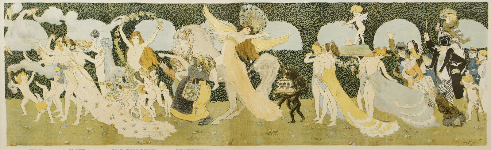 Georges Meunier Defile du Printemps Art Nouveau Color: Meunier, after Georges (French, 1869-1942), Le Defile du Printemps, 1901, color lithograph on paper, image 10 x 35 inches, matted and framed 18 x 43 inches, published in the French humor magazine Le R