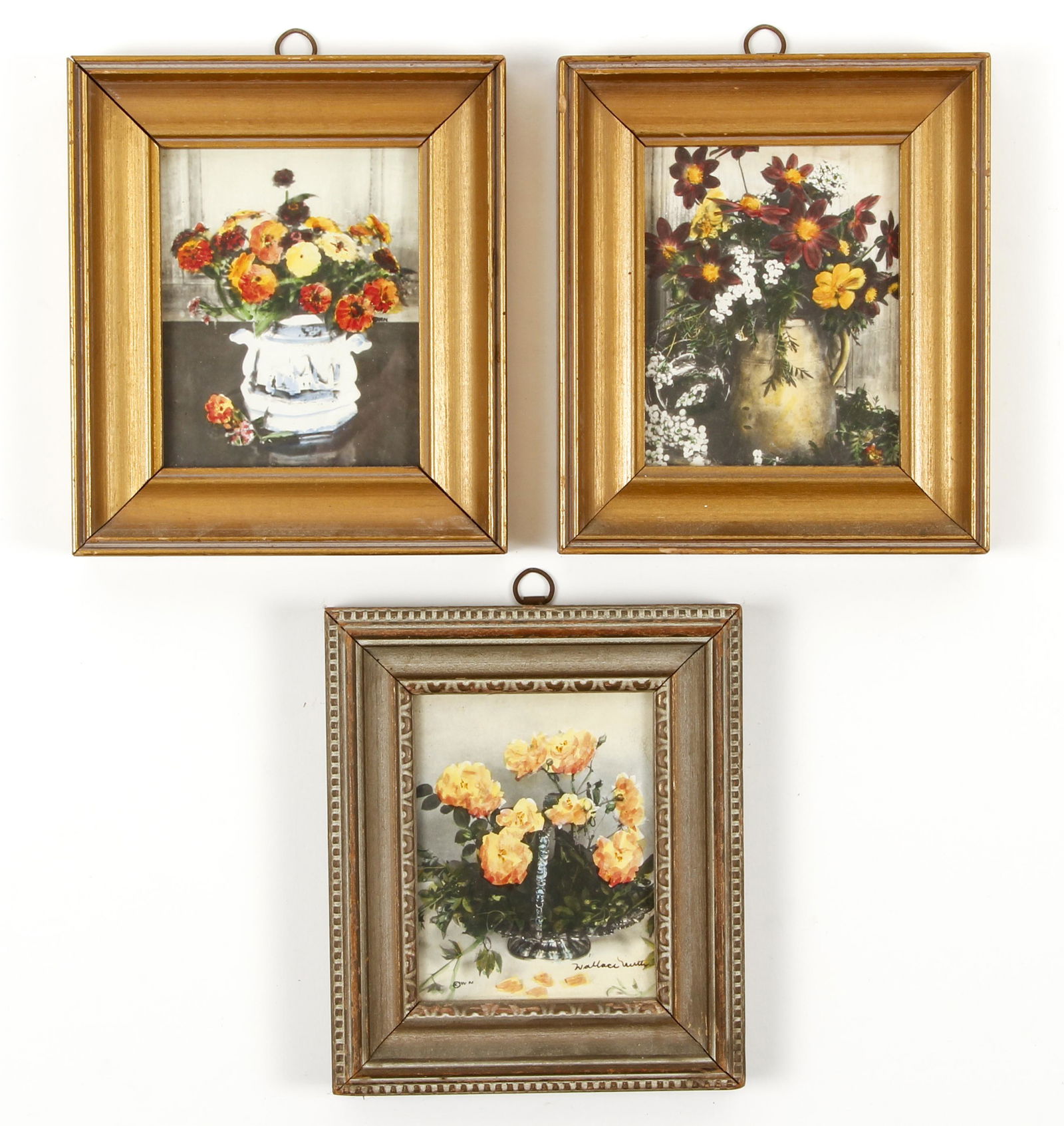 3 Wallace Nutting Colorized Floral Miniatures: Nutting, Wallace (American, 1861-1941), Group of 3 colorized floral miniatures: Dahlia Jar, Mexican Zinnias and Basket Full, c. 1910s or 1920s, 3.5 x 3 inches, in wood frames 6 x 5 inches.