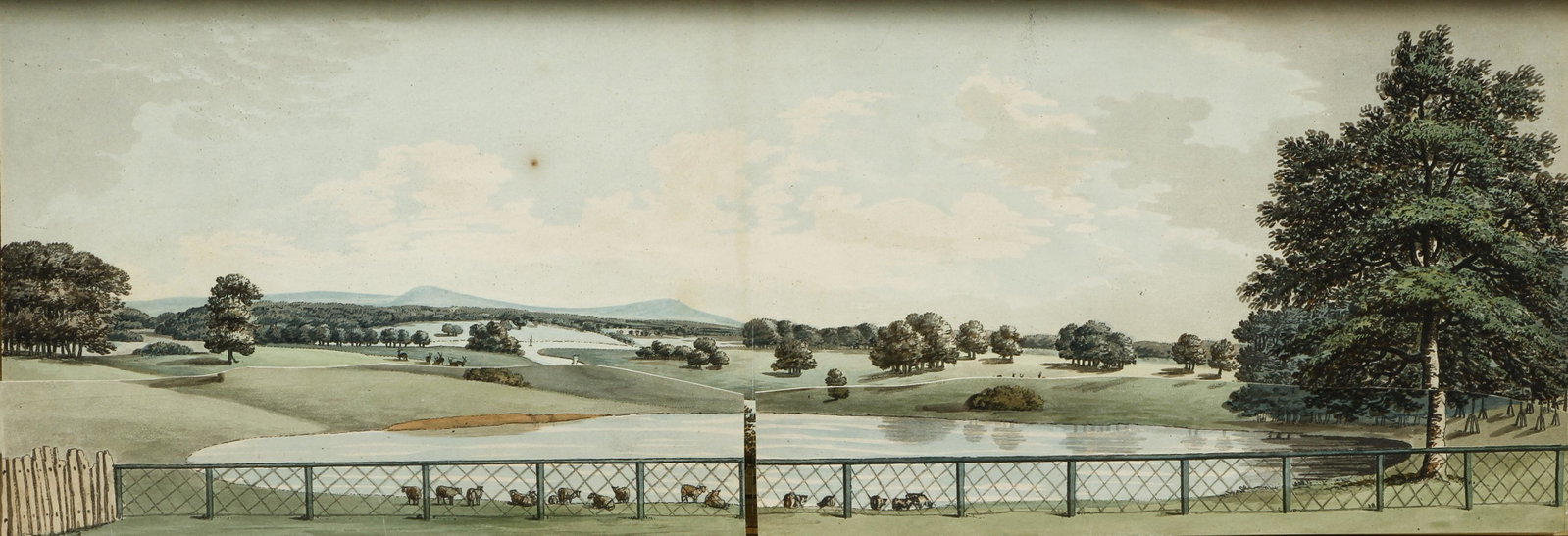 3 D image of Sheep Grazing vintage lithography: Sheep Grazing in an English Idyllic Landscape, hand colored lithography in 3 D, 6.75 x 19 inches, farmed in a shadow box measuring 11 x 23.5 inches