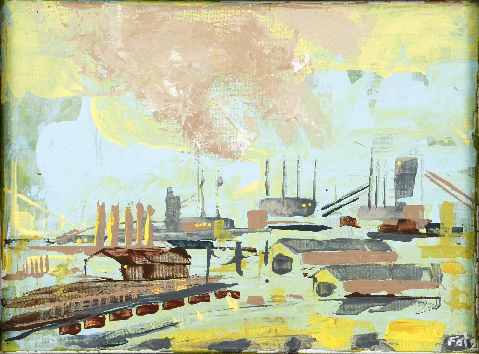 Modern Industrial Scene of Pittsburgh Oil Painting: 20th century Pittsburgh Painting School, artist possibly Fate or Fats(?), Pittsburgh Industrial Scene, oil on canvas, contemporary, signed lower right, in a natural wood strip frame 9.5 x 12.5 inches.