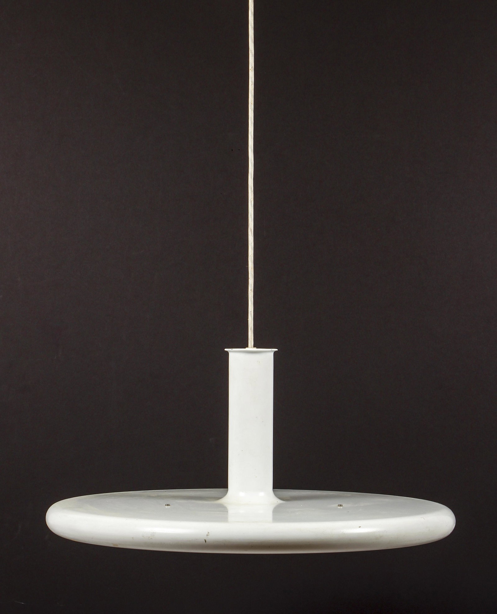 Contemporary Hanging Pendant Disc Shaped Lamp: Contemporary Hanging Pendant Disc Shaped Lamp, polychromed aluminum , 8 x 19 x 19 inches.