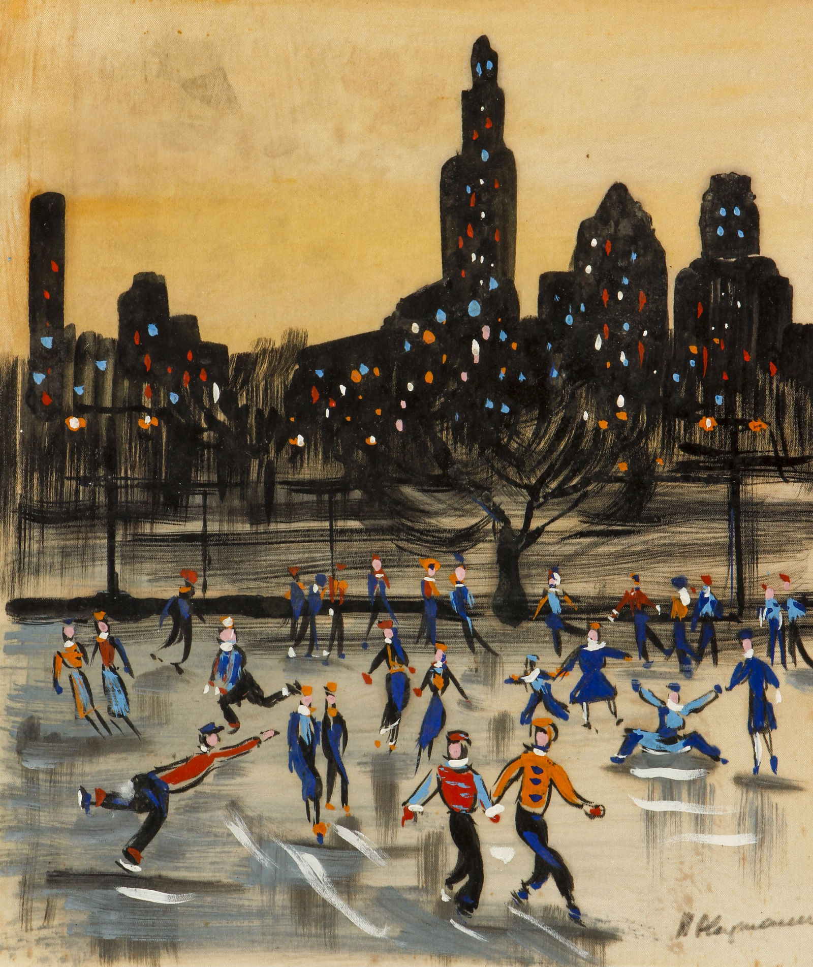 John Haymson Central Park Ice Skating Gouache on Silk (1 of 4)