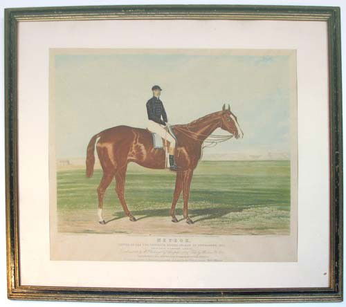 Harry Hall engraving of Meteor Horse: Artist: Hall After Harry , Newmarket, engraved by George Hunt Title: Meteor, Winner of the Two Thousand Guinea Stakes at new market in 1842 Date: 1842 Medium: color aquatint and etching Dimension: 14