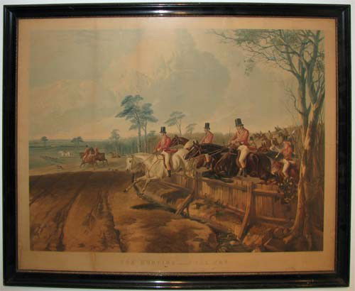 2 large Fox Hunting color prints after Herring: Artist: J. F. Herring Sr.; engraved by T.W. Huffam Title: Fox Hunting_The Find; Fox Hunting_Full Cry Date: 1846 Medium: color engravings Dimension: 23 x 30 inches approximately Provenance:The E
