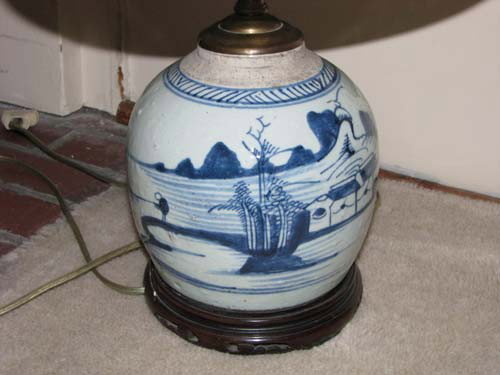 Pair of Canton ginger jars, electrified : Title: Pair of Canton ginger jars, electrified with fabric shades on wood stands Medium: ceramic Dimension: 21 inches tall each Provenance:The Estate of Emily F. Oliver, Sewickley, PA