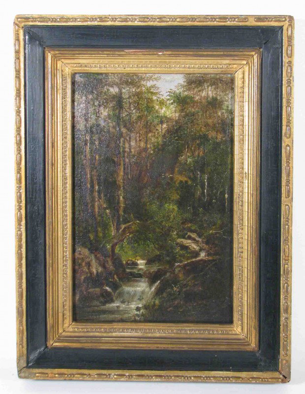 Ralph Blakelock Wooded Landscape painting: Artist: Blakelock, Ralph Albert (American, 1847-1919) Title: Wooded Landscape Date: 1877 Medium: oil on panel Dimension: 9.3 x 6.25 inches Signature: Signed Blakelock and dated 1877 lower left