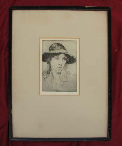 Augustus John engraving portrait of young lady: Artist: John, Augustus Edwin, 1878-1961 Title: Bust portrait of young lady with hat Medium: etching Dimension: 6 x 4 inches Signature: Pencil signed lower right Provenance:The Estate of Emily
