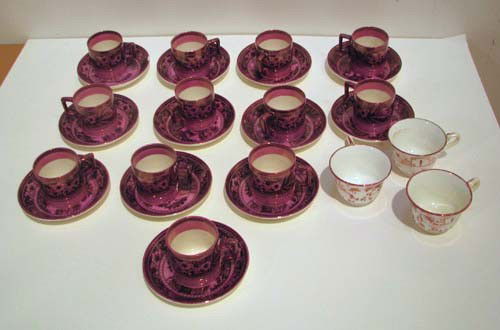12 lustre Fallow Deer Wedgwood cups and saucers: Artist: Wedgwood Fallow Deer Etruria England Title: 12 demitasse with saucers & 3 English Antiques Shop small cups Date: 19th Century for the set of 12 Medium: transferware lustre ware Dimension: demi