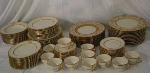Extensive set of Lenox wedding band dinnerware: Title: Set of Lenox wedding band pattern dinnerware, retailed by A.N.Raber, Pittsburgh, comprising: 12 dinner plates, 12 luncheon plates, 12 soup bowls, 12 salad plates, 12 bread & butter, 12 saucers,