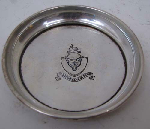 Fox Chapel Gun Club sterling silver coaster: Title: Fox Chapel Gun Club sterling silver coaster Medium: sterling Dimension: Weight: 1.965 ozt Provenance:The Estate of Emily F. Oliver, Sewickley, PA