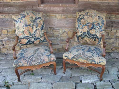Pair of Needlework Upholstered Arm Chairs with flo: Title: Pair of Needlework Upholstered Arm Chairs with floral decoration, carved shell decoration Medium: wood Dimension: 42 x 28 x 30 inches Provenance:The Estate of Emily F. Oliver, Sewickley, PA