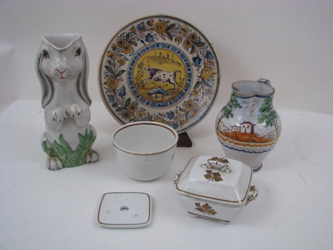 Assorted Italian Ceramics and English Stoneware: Assorted Italian Ceramics and English Stoneware including Bunny vase, copper lustre dish and bowl, pitcher, and Jumping Cow plate stoneware various sizes Provenance: The Estate of Emily F. Oliver, Sew