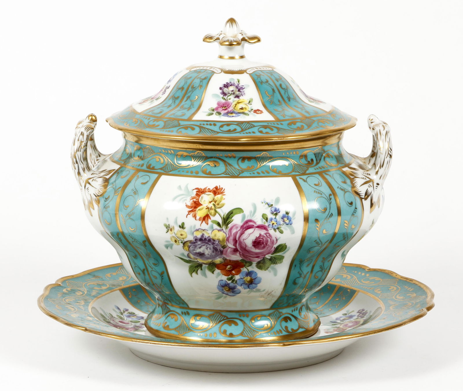 KPM Royal Porcelain Manufactory Berlin Tureen: KPM Royal Porcelain Manufactory Berlin Tureen with underplate, c. 1860, gilt over turquoise and floral decoration, 11 x 10.75 x 10.75 inches, plate 14.25 inches diameter, with various KPM stamps on th