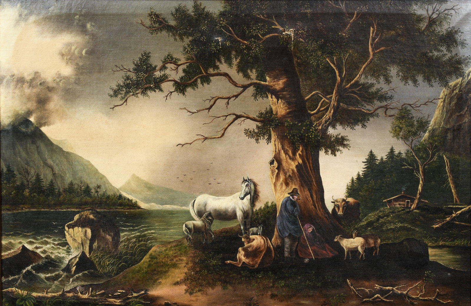19th Century Naive oil Stormy Landscape with Animals (1 of 3)