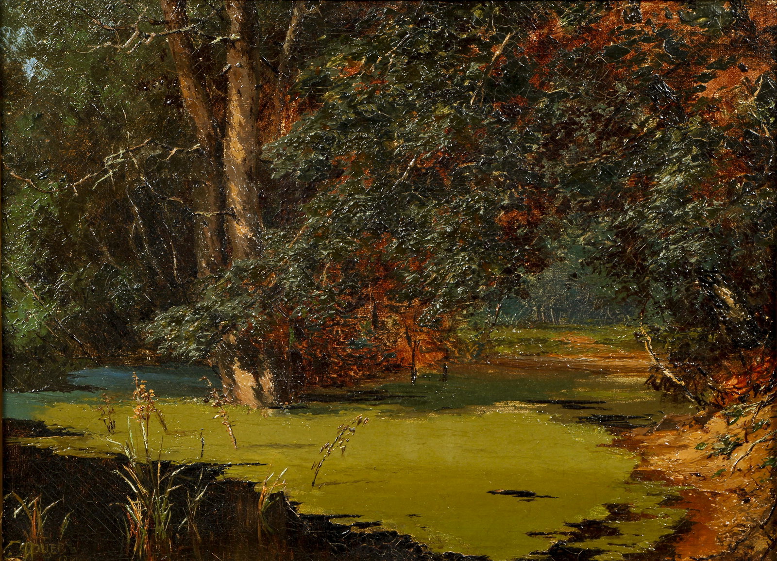 Attrib to Clara L Dyer Oil Ptg of Pond in the Woods (1 of 4)