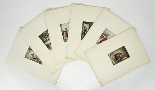 Group of 6 Watercolors by Jean Ferris: Ferris, Jean Leon Gerome (American, 1863-1930), 6 Watercolors of Victorian Genre Scenes, 5.75 x 4 inches on a larger sheet measuring 15 x 11, variously signed, most in upper right corner, unframed.