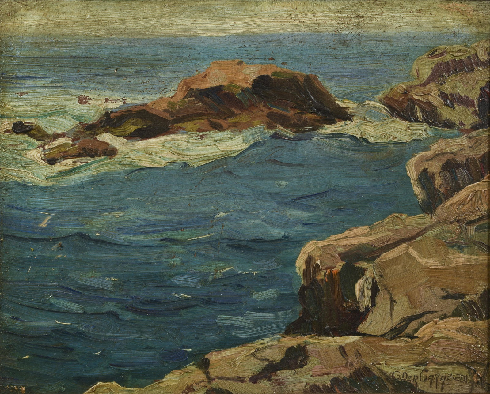 Giragos Der Garabedian Rocky Coastline Oil Ptg: Garabedian, Giragos Der (American/Armenian, 1892-1980), Rocky Coastline, undated, oil on artist's board, signed lower right, 8 x 10 inches, in a wood frame 10 x 11.5 inches. Provenance: Harry Eichleay