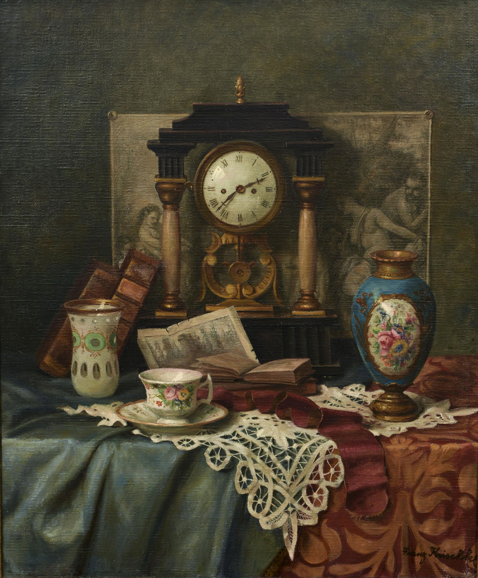 Franz Krischke Still Life with Clock Oil Ptg (1 of 4)