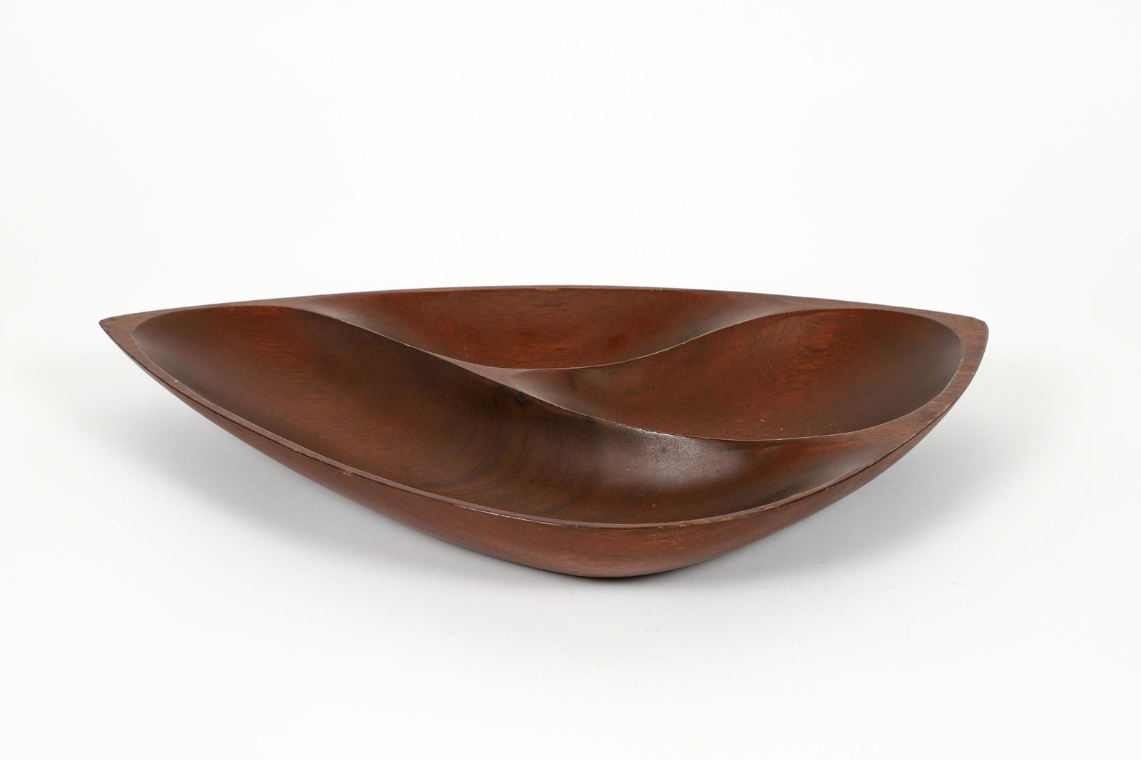 Emilan 3 compartment serving dish by Emil Milan: Milan, Emil (American, 1922-1985), 3 Compartment Dish, carved wood likely teak, 17.5 x 11.6 x 2 inches, incised Emilan Khaya.