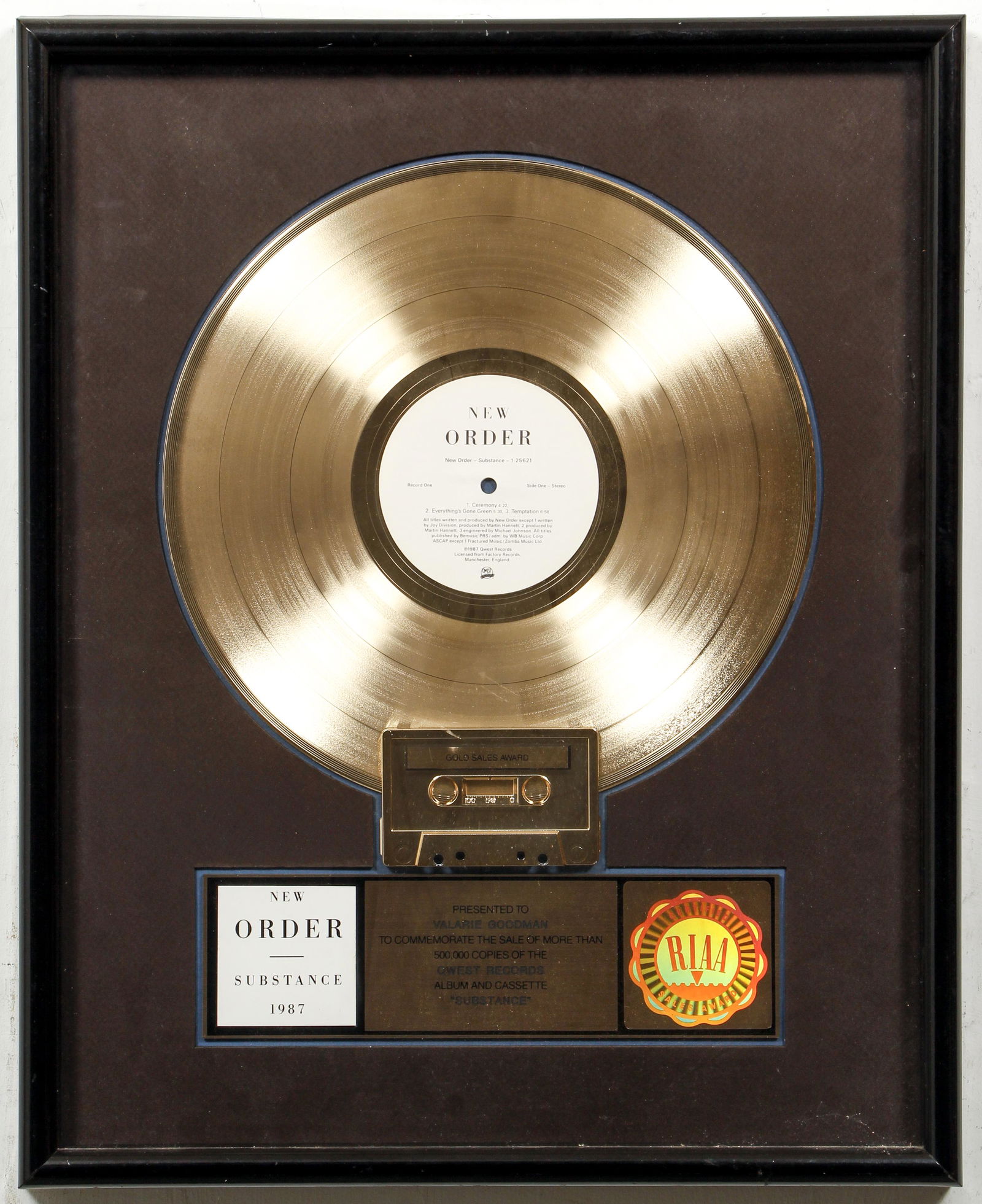 New Order Substance 1987 Gold Record Plaque (1 of 3)