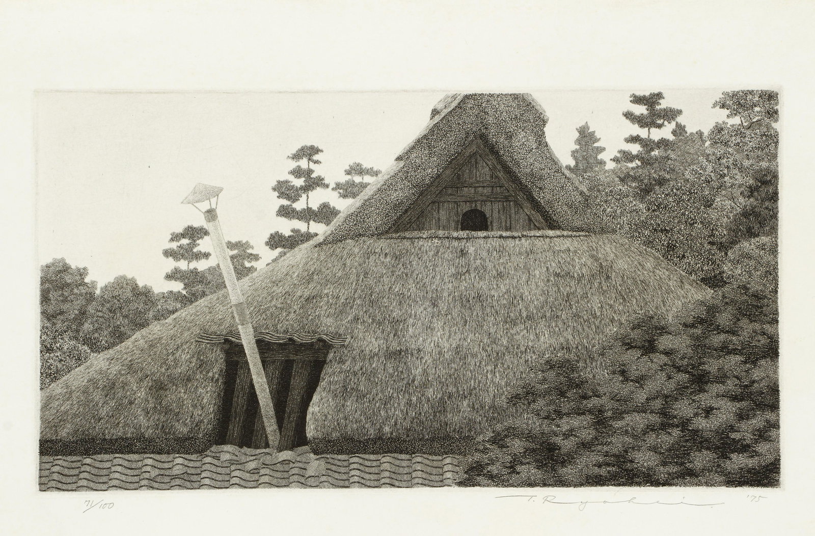 Ryohei Tanaka 1975 signed etching Japanese Roofline (1 of 5)