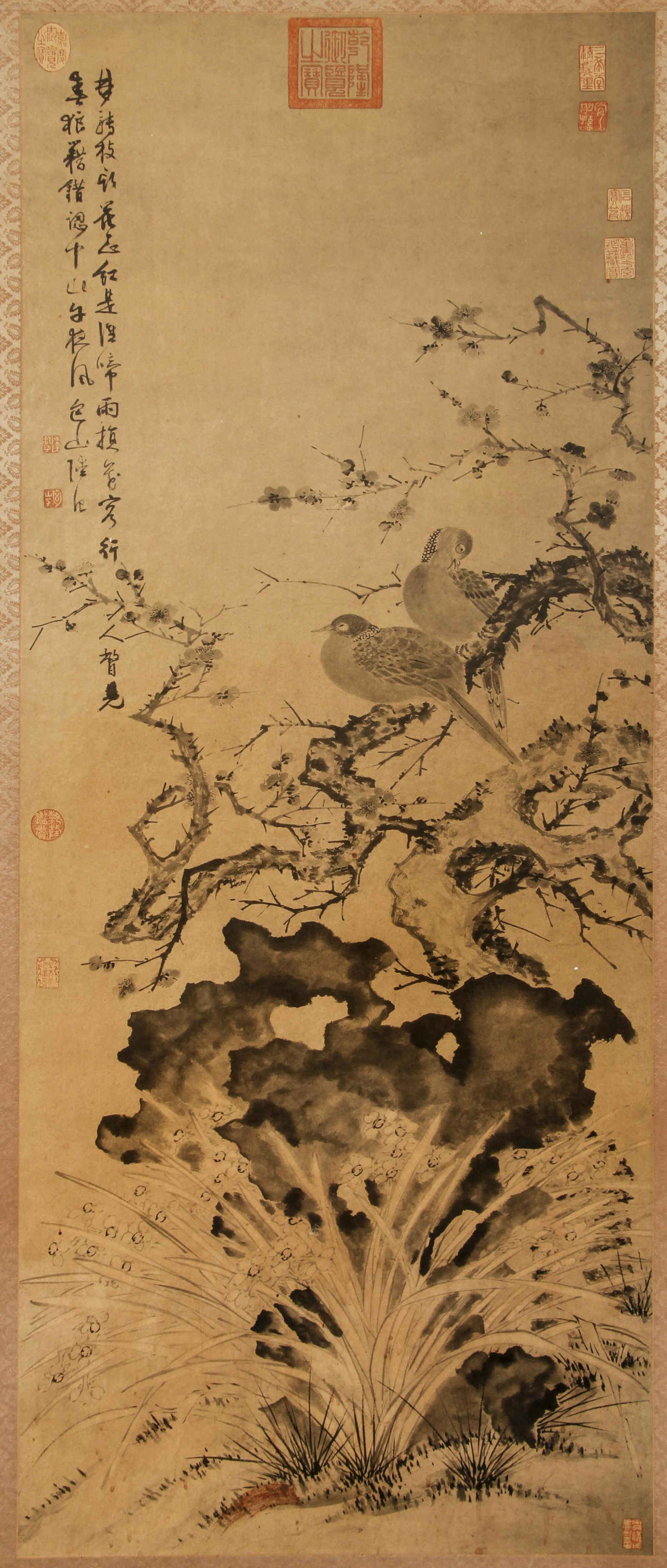 Chinese Scroll Painting with Birds on a Branch: Chinese Scroll Painting with Birds in a Tree with Abstracted Ground, c.1900, ink wash with multiple stamps in red ink, image 53 x 21.5 inches, 74 x 26 including borders, framed.