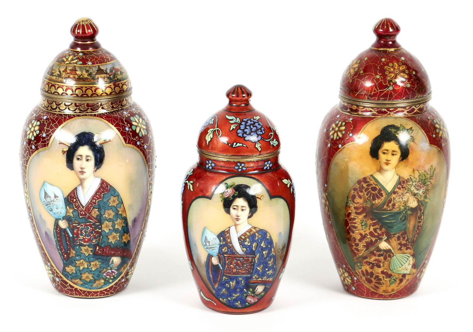 3 French Enameled Vases with Asian Portraits by Gamet (1 of 9)
