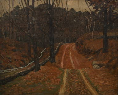 Ben Foster Mountain Road Oil Painting: Foster, Ben (Benjamin) (American, 1852-1926), Mountain Road, c.1900, oil on canvas, signed lower left, 18 x 22 inches, in a period frame 23.5 x 27.5 inches, artist's name and title incised into stretc