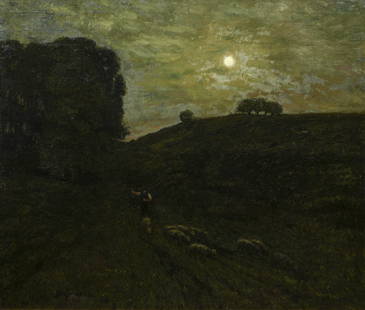 Ben Foster Shepherd Nocturne Oil Painting: Foster, Ben (Benjamin) (American, 1852-1926), Nocturne with Shepherd, c.1900, oil on canvas, since laid down on masonite, signed lower right, 36 x 42 inches, in a newer wood frame 44 x 49.5 inches. Pr