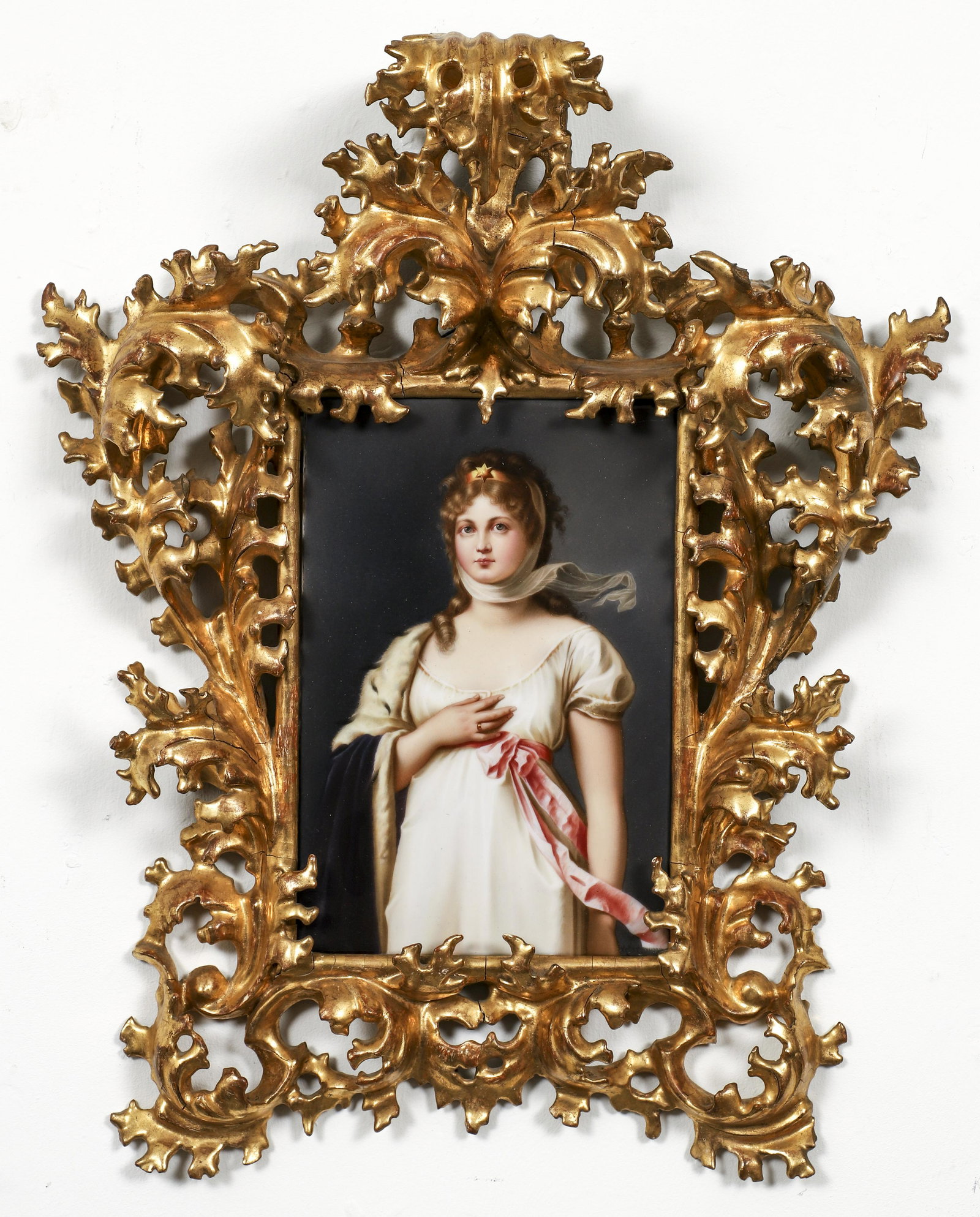 Queen Louise by Keller 19th Century Porcelain Painting: Keller (19th Century Porcelain Painter School), Queen Louise of Mecklenburg-Strelitz, painting on porcelain plaque, signed lower right corner, 8.5 x 6 inches, in an elaborately carved and gilded Flore