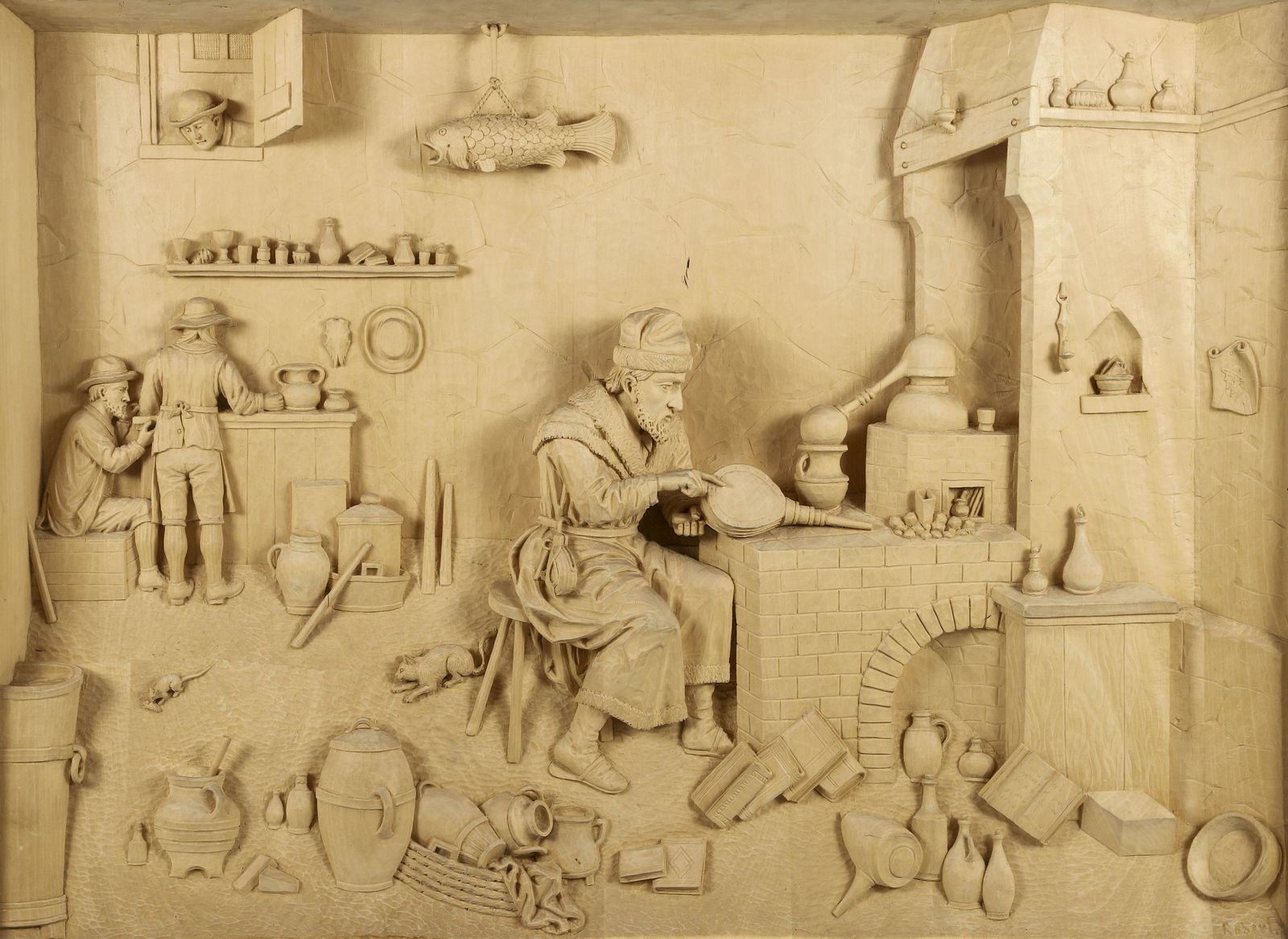 Robert Petscheider Alchemist carved relief after Teniers (1 of 4)