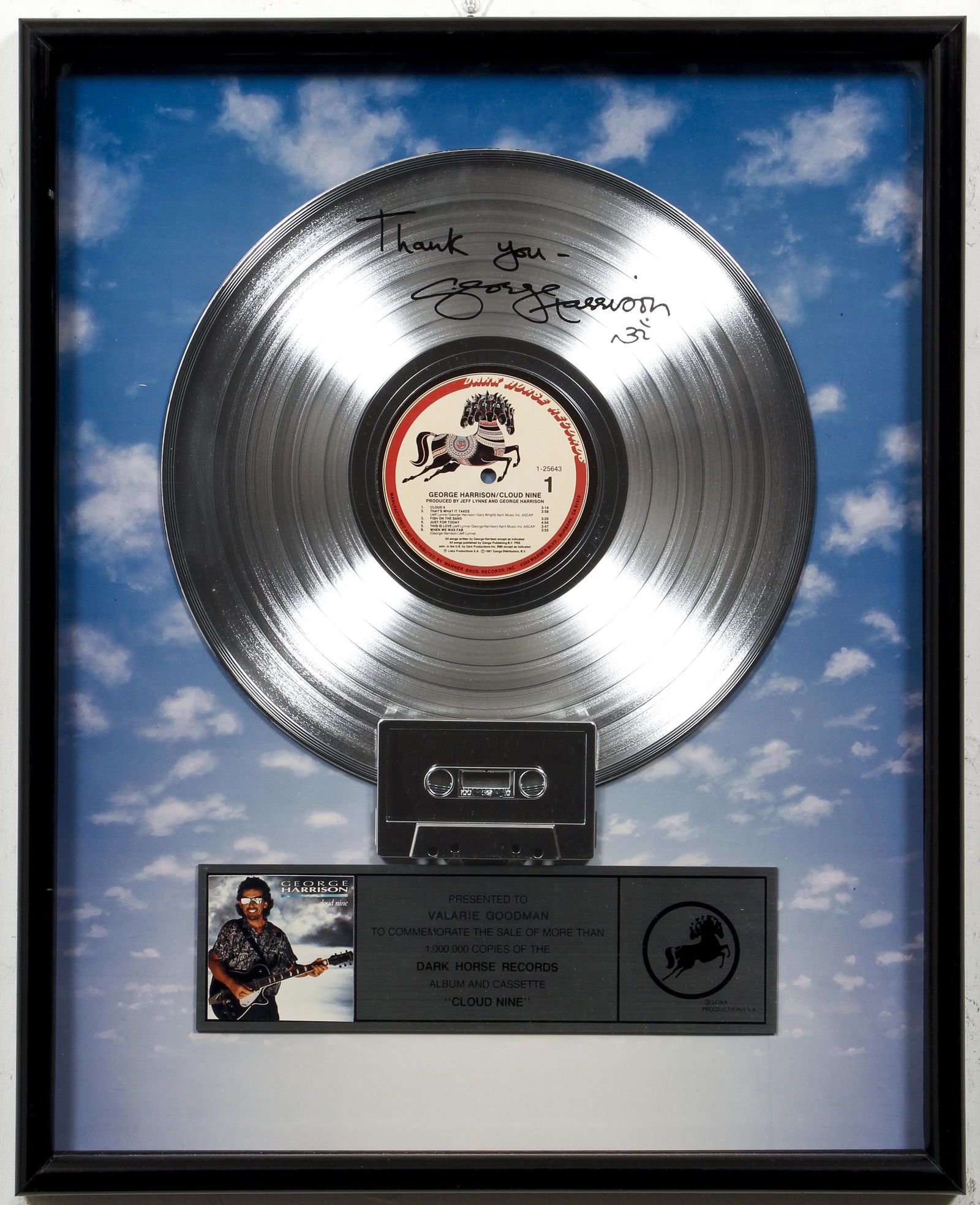 George Harrison Cloud Nine Platinum Record Plaque: George Harrison Platinum Record and Cassette Tape plaque for his 1987 album Cloud Nine, made 18 years after he left The Beatles, certified sales award from the RIAA, presented to a Warner Brothers Rec