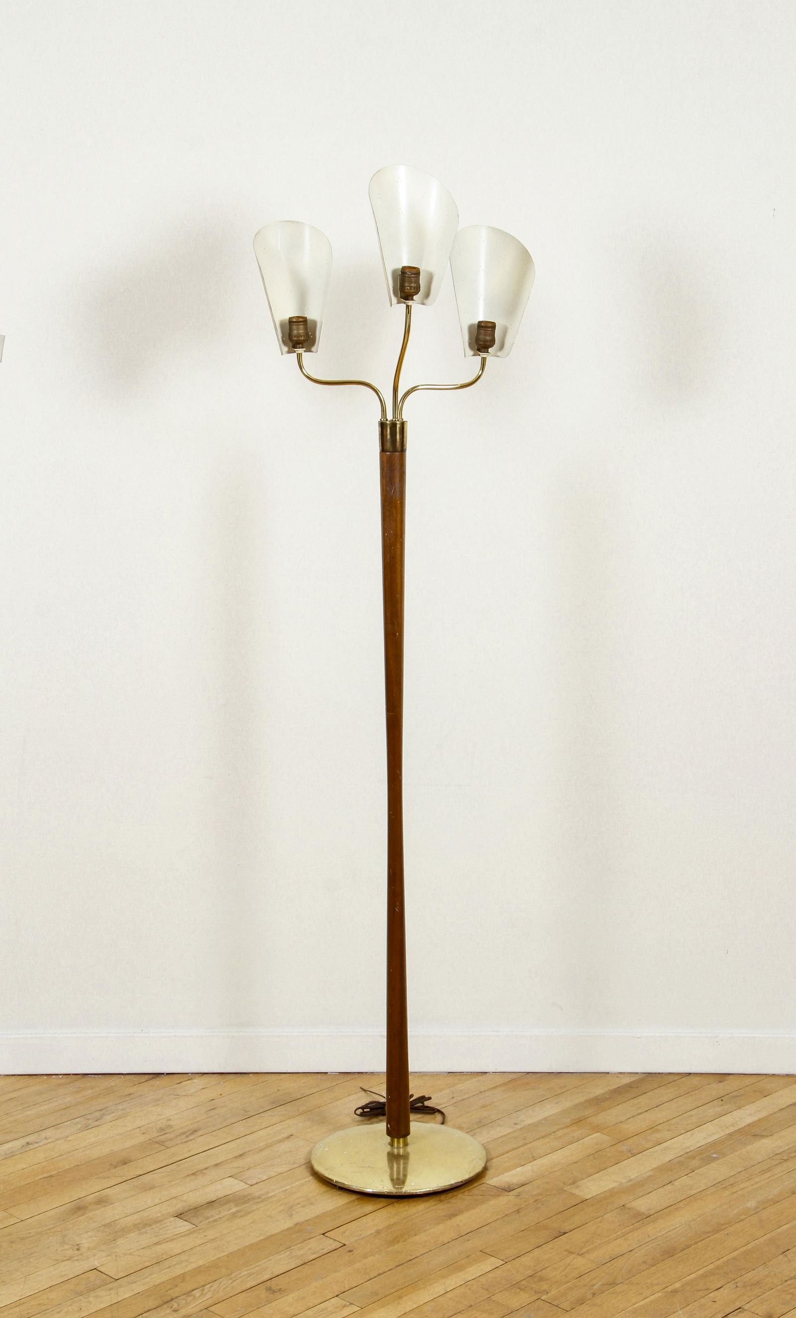3 light Modern Floor lamp brass and walnut wood (1 of 6)