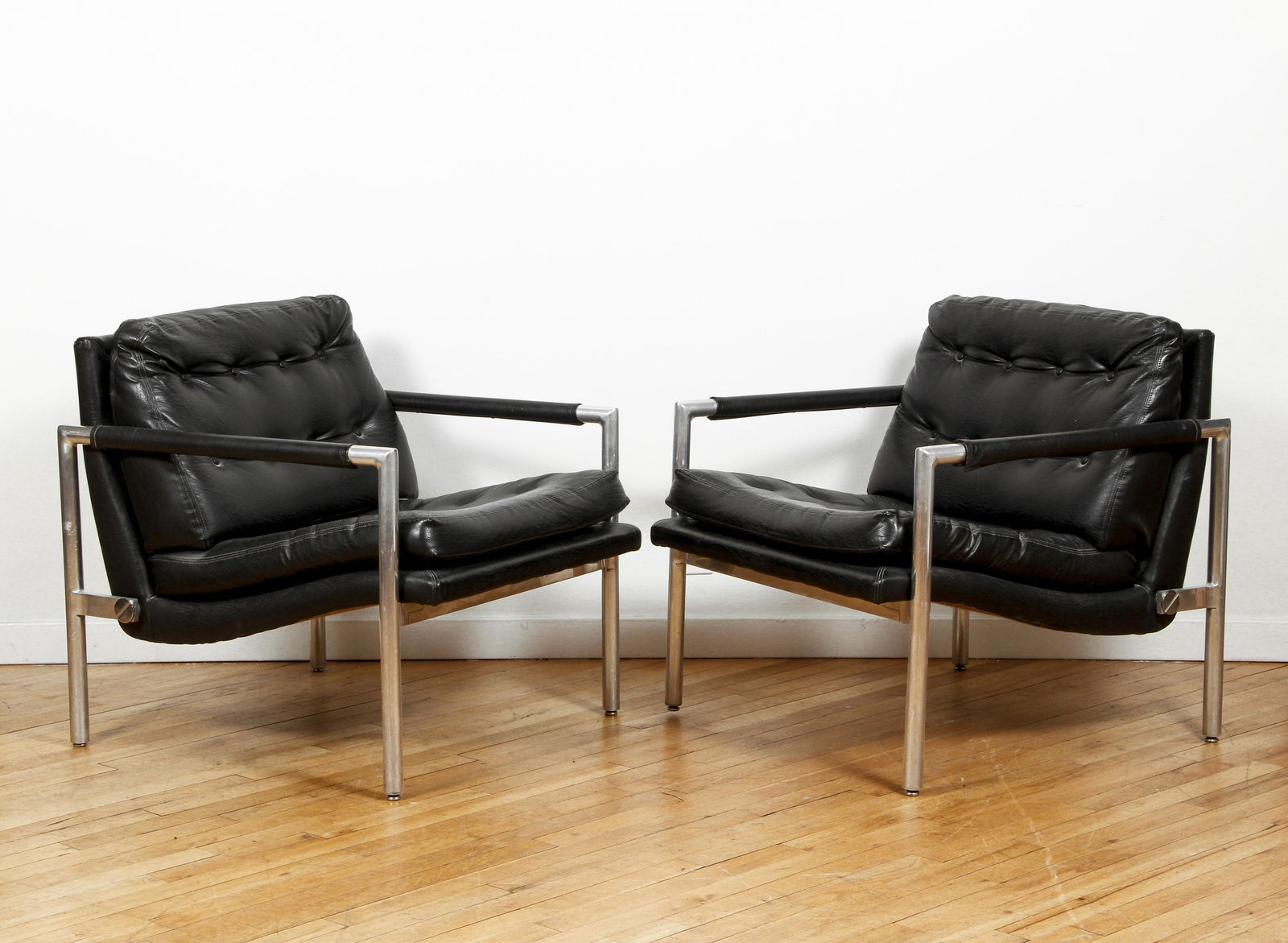 Pair MCM Tubular Steel and Black leather Lounge Chairs (1 of 6)